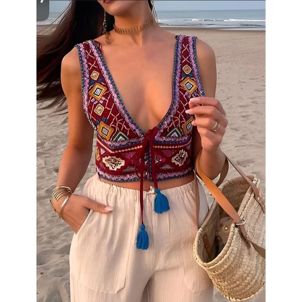 Commense Boho Embroidered Crop Top XS Festival Western Beach Coastal Hippie - Picture 1 of 7